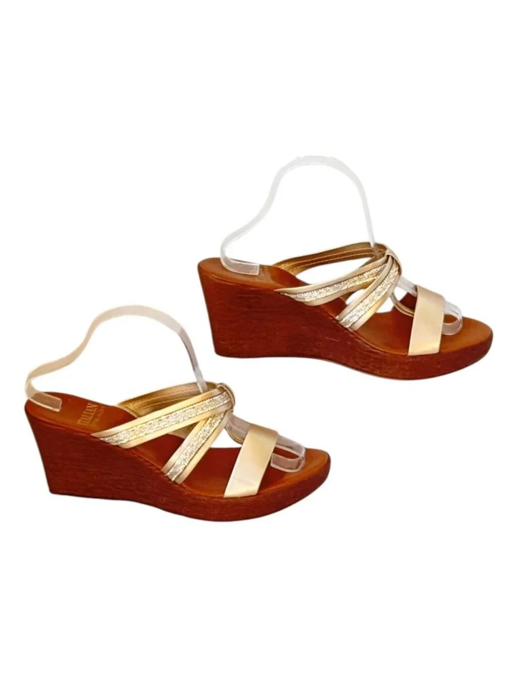 Italian Shoemakers Wedge Sandals have Gold Embellished Strap Design Thong 10